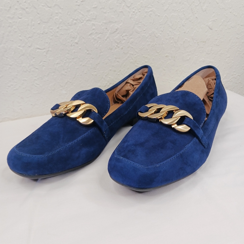 Slip On Loafers Shoes 7 Adrienne Vittadini Blue Suede Gold Chain Detail - Picture 4 of 11
